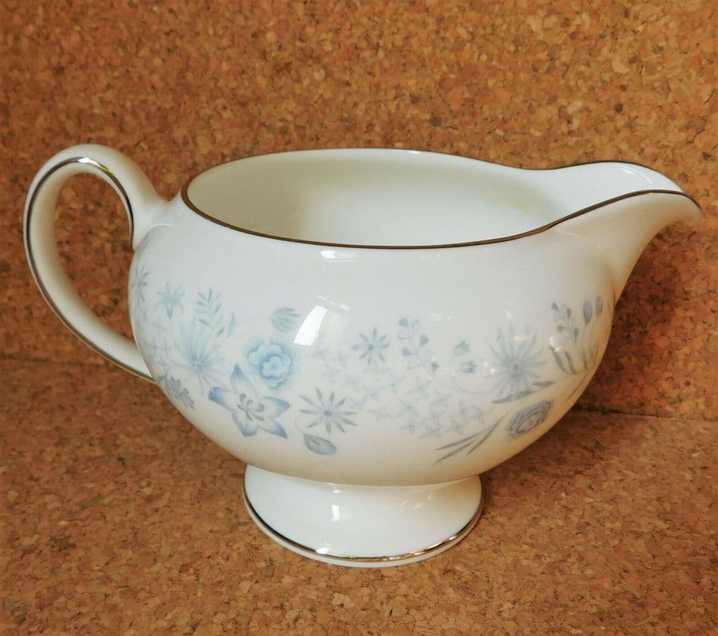 Wedgwood Belle Fleur milk jug blue and white bone china with silver trim
